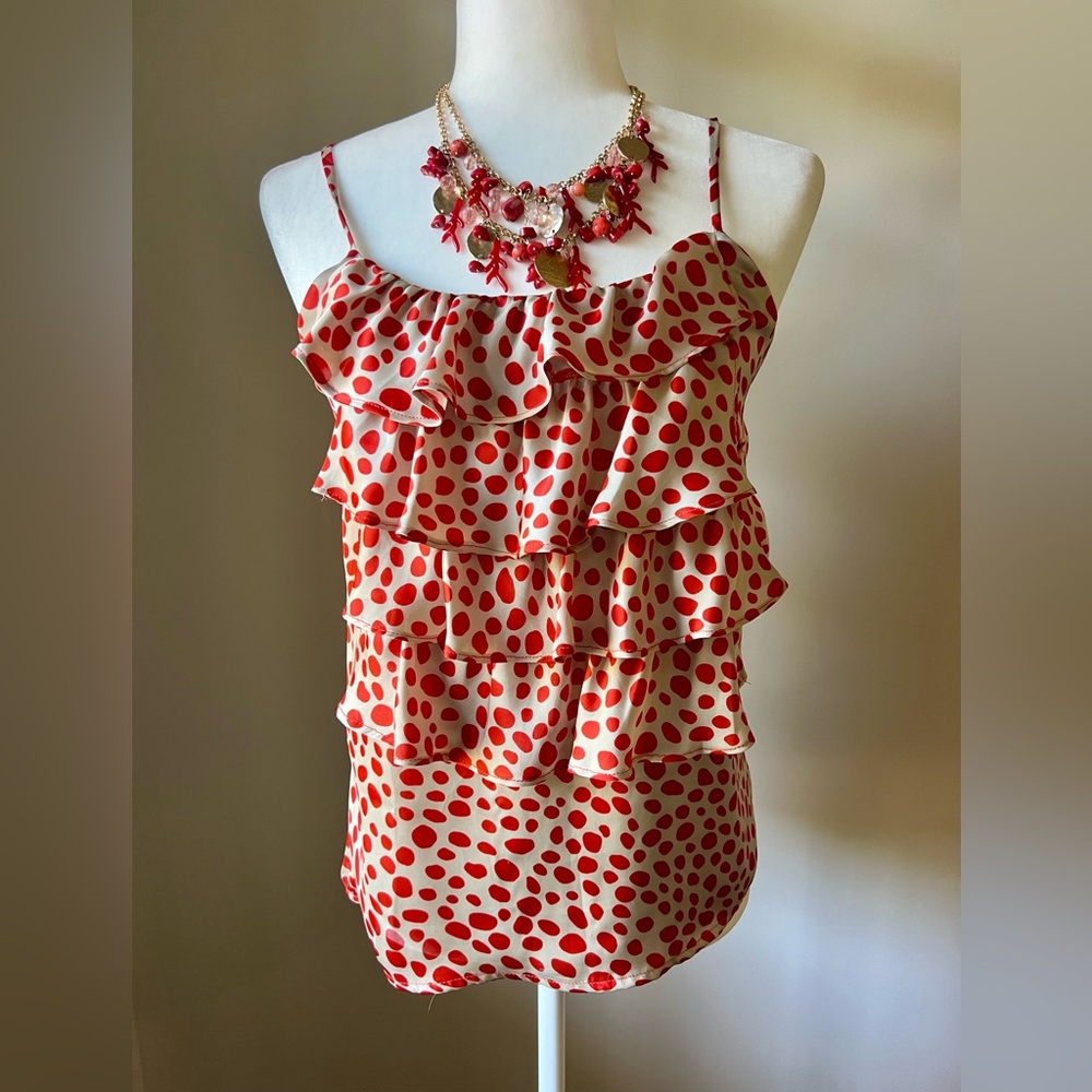 Spaghetti Strap Dot Pattern Silky Ruffle Tank - Picture 3 of 3